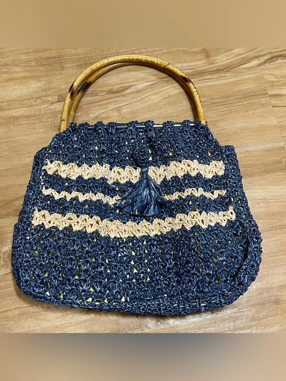 Handmade crocheted?/macrame? handbag recycled materials bamboo handles 14”x11”